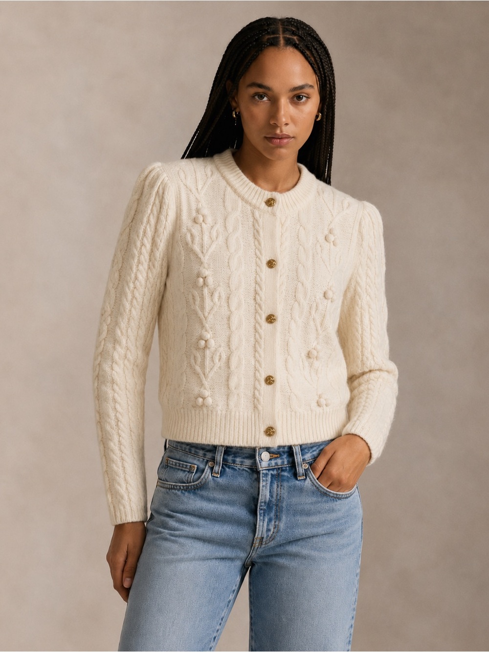 DEMYLEE x J.Crew Ivory Cable Knit Bobble Floral Cardigan Gold Buttons Size L